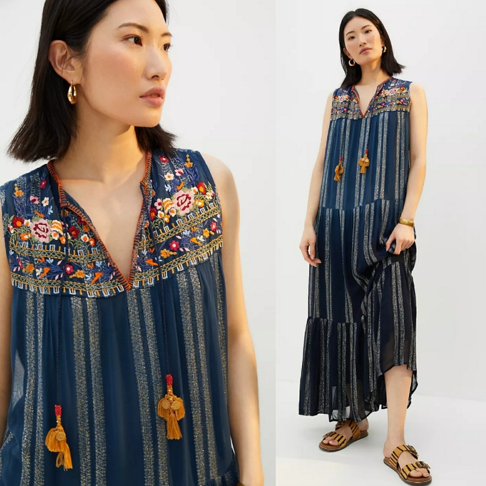 Anthropologie Blue Maxi Dress with Embroidered Details